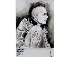 Ink-style painting of Joe Strummer in profile with a mohawk and flight jacket, by Kim Parrent