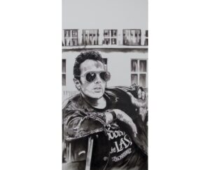 Black and white painting of Joe Strummer in aviator sunglasses and a leather jacket, by Kim Parrent
