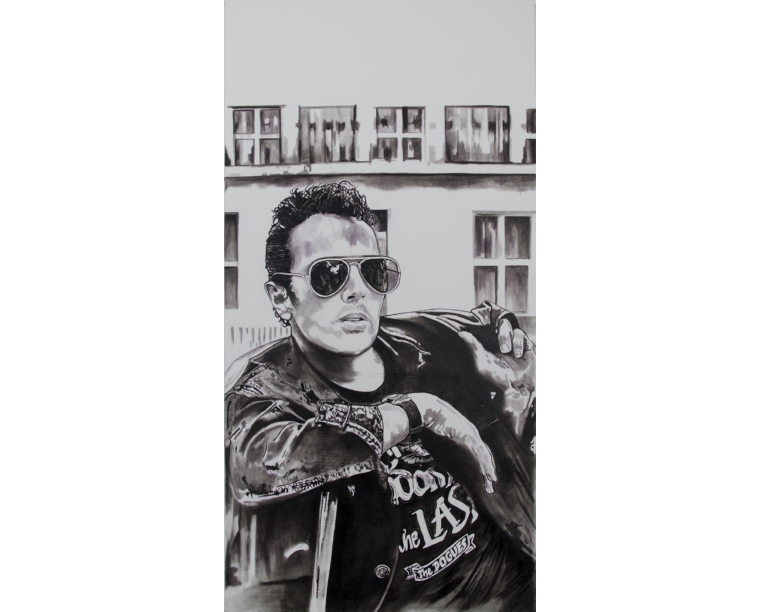 Black and white painting of Joe Strummer in aviator sunglasses and a leather jacket, by Kim Parrent