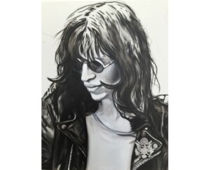 Black and white painting of Joey Ramone in round sunglasses and a leather jacket, by Kim Parrent