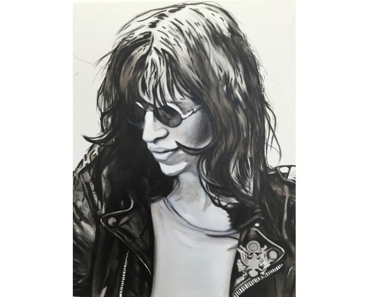 Black and white painting of Joey Ramone in round sunglasses and a leather jacket, by Kim Parrent