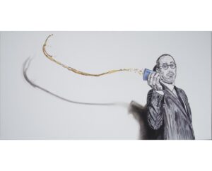 Painting of Jerry Seinfeld holding a coffee cup with coffee-coloured splashes, by Kim Parrent