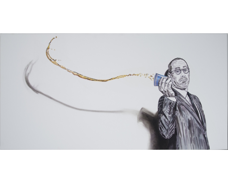 Painting of Jerry Seinfeld holding a coffee cup with coffee-coloured splashes, by Kim Parrent