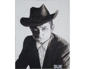 Pop-style painting of Johnny Cash with polka dots and the word SUE, by Kim Parrent