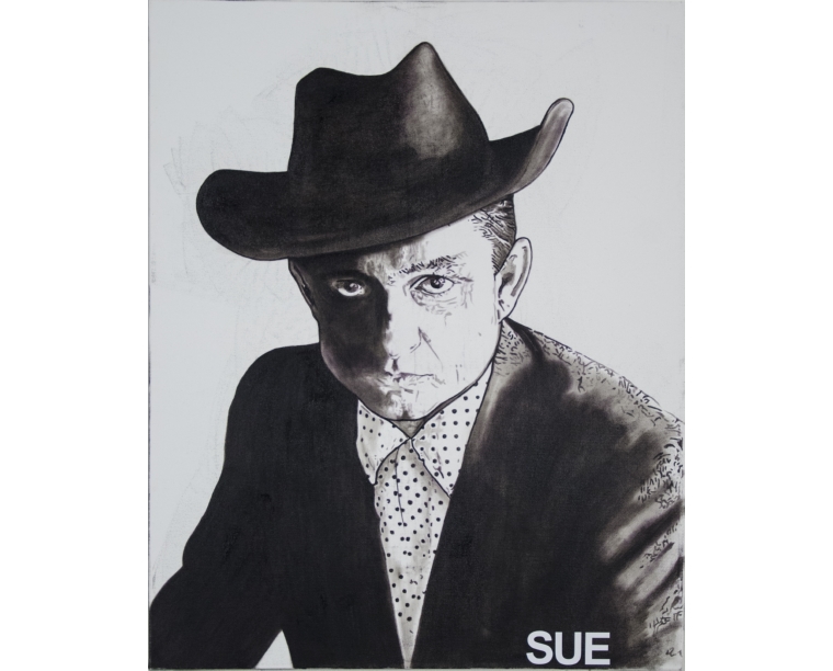 Pop-style painting of Johnny Cash with polka dots and the word SUE, by Kim Parrent