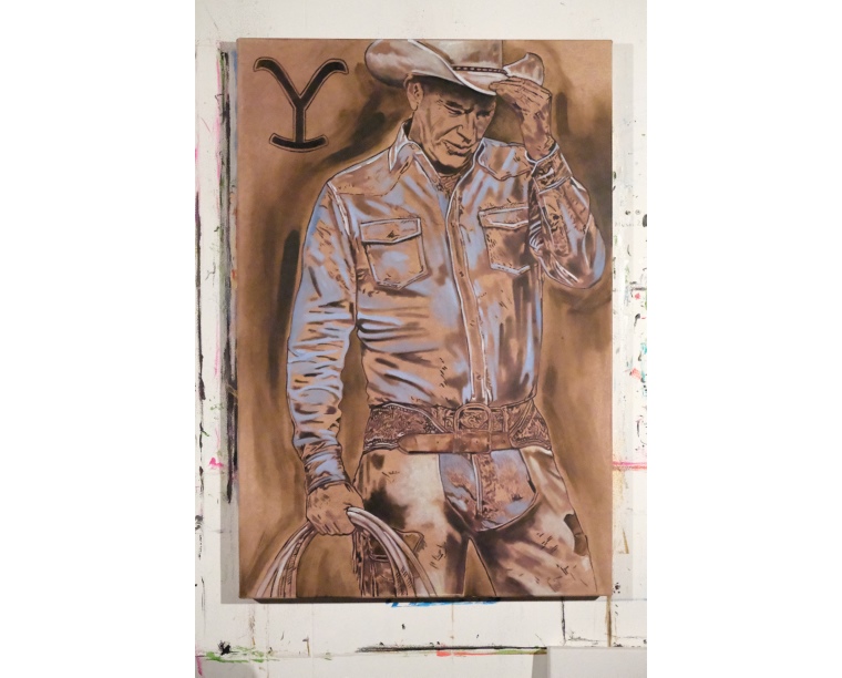 Painting of Kevin Costner as John Dutton with a lasso and the Yellowstone Y brand, by Kim Parrent