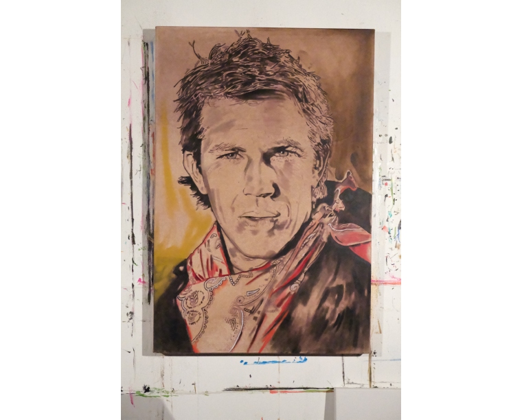 Painting of a young Kevin Costner wearing a bandana, by Kim Parrent