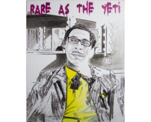 Painting of Kid Congo Powers in glasses and a yellow shirt with 'Rare as the Yeti' written above, by Kim Parrent