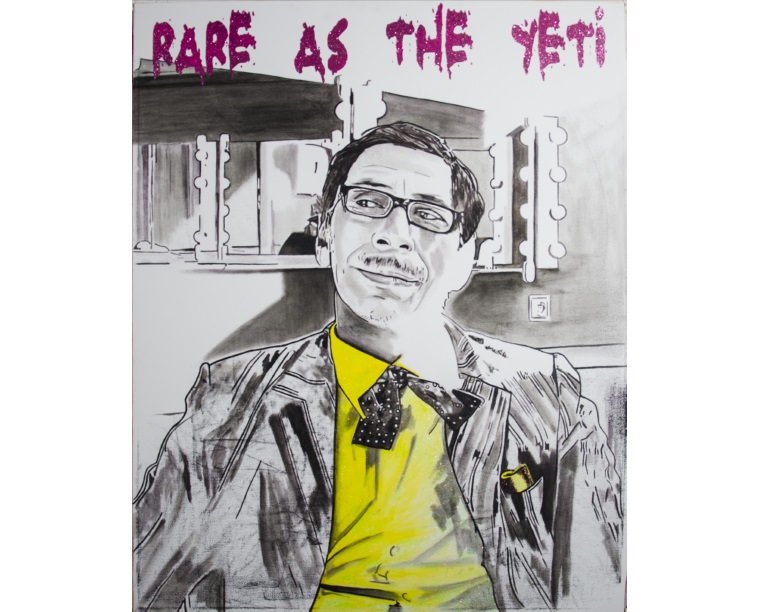 Painting of Kid Congo Powers in glasses and a yellow shirt with 'Rare as the Yeti' written above, by Kim Parrent