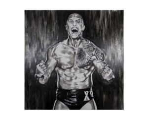 Painting of Killer Kross screaming with tattoos and X-marked trunks, by Kim Parrent