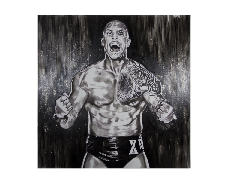 Painting of Killer Kross screaming with tattoos and X-marked trunks, by Kim Parrent