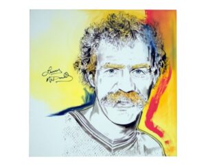 Painting of Lanny McDonald in red, yellow and blue with his autograph, by Kim Parrent