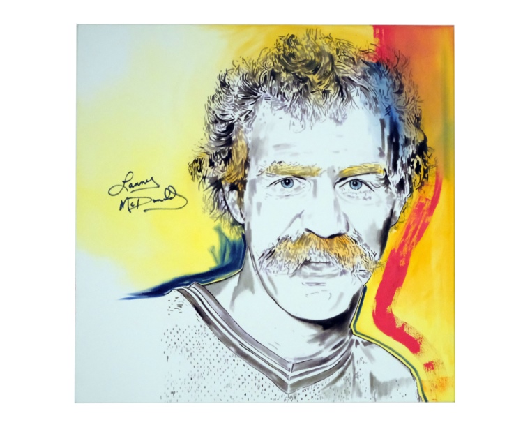 Painting of Lanny McDonald in red, yellow and blue with his autograph, by Kim Parrent