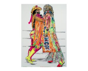 Painting of Macho Man Randy Savage in a neon fringed robe, by Kim Parrent