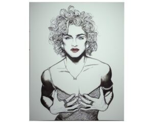 Line painting of Madonna with platinum curls, red lips and a sequined bustier, by Kim Parrent
