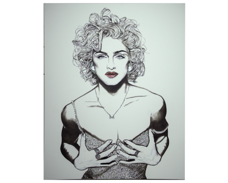 Line painting of Madonna with platinum curls, red lips and a sequined bustier, by Kim Parrent