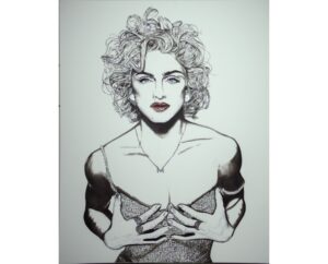 Line painting of Madonna with platinum curls, red lips and a sequined bustier, by Kim Parrent