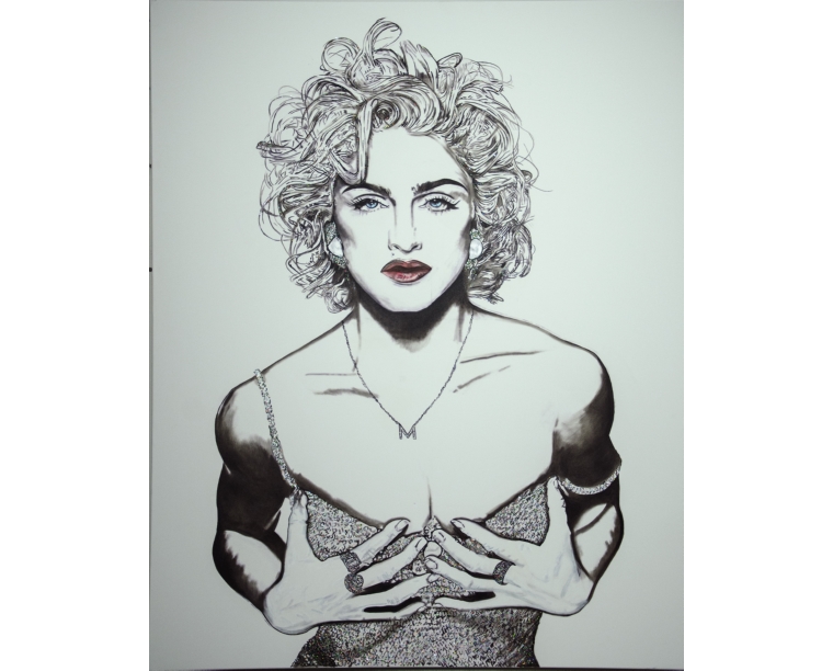 Line painting of Madonna with platinum curls, red lips and a sequined bustier, by Kim Parrent