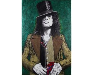 Painting of Marc Bolan in a top hat and gold jacket on emerald glitter, by Kim Parrent