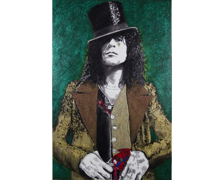 Painting of Marc Bolan in a top hat and gold jacket on emerald glitter, by Kim Parrent