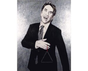 Painting of Martin Short in a suit against a glittering triangle, by Kim Parrent