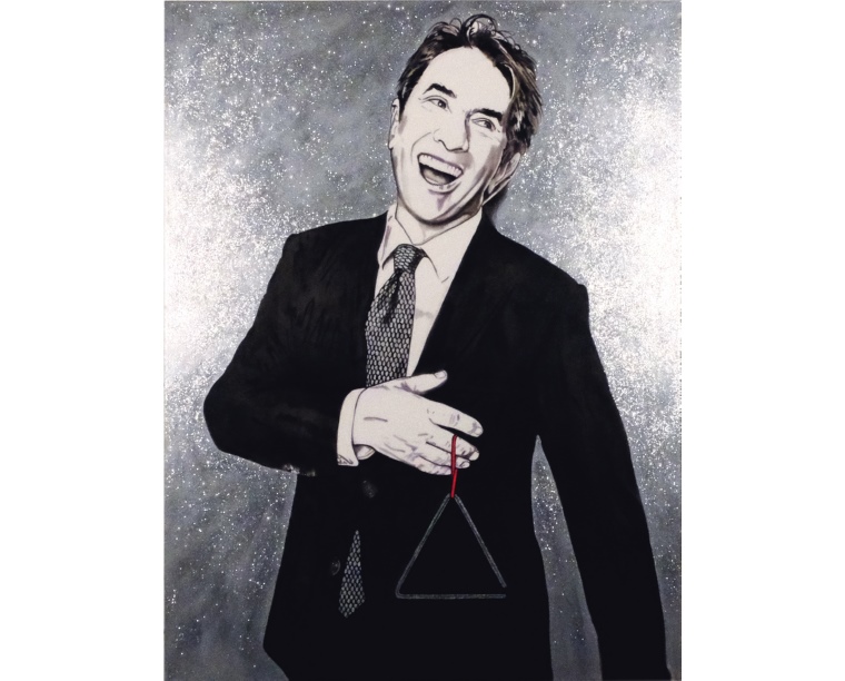 Painting of Martin Short in a suit against a glittering triangle, by Kim Parrent