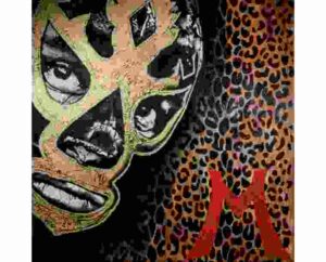 Pop-art painting of Mil Máscaras's mask with leopard print and a red letter M, by Kim Parrent