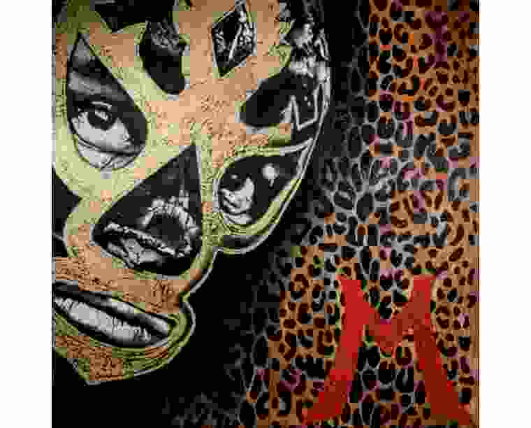 Pop-art painting of Mil Máscaras's mask with leopard print and a red letter M, by Kim Parrent