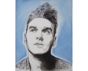Painting of Morrissey with his quiff looking upward, in grey on a sky-blue background, by Kim Parrent