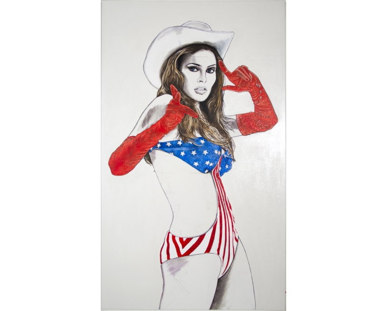 Painting of Raquel Welch as Myra Breckinridge in a flag bikini, cowboy hat and red gloves, by Kim Parrent