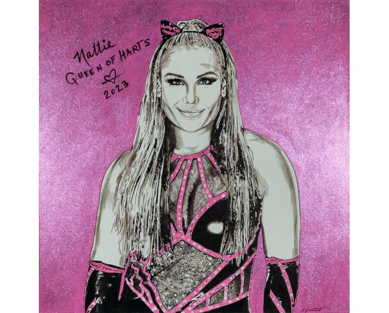 Painting of Natalya in pink glitter with a hair bow and her autograph, by Kim Parrent