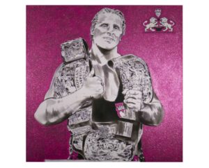 Painting of Owen Hart with championship belts and the Hart crest on pink glitter, by Kim Parrent