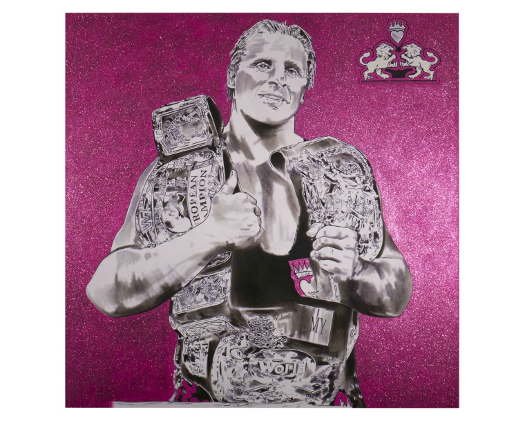 Painting of Owen Hart with championship belts and the Hart crest on pink glitter, by Kim Parrent