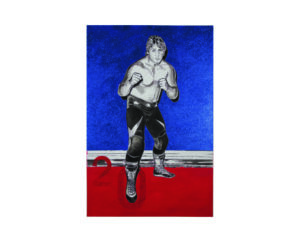 Painting of a young Owen Hart in a fighting stance on blue glitter, by Kim Parrent