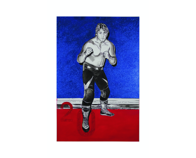 Painting of a young Owen Hart in a fighting stance on blue glitter, by Kim Parrent