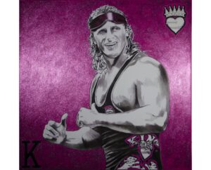 Painting of Owen Hart in sunglasses holding a king card on magenta, by Kim Parrent