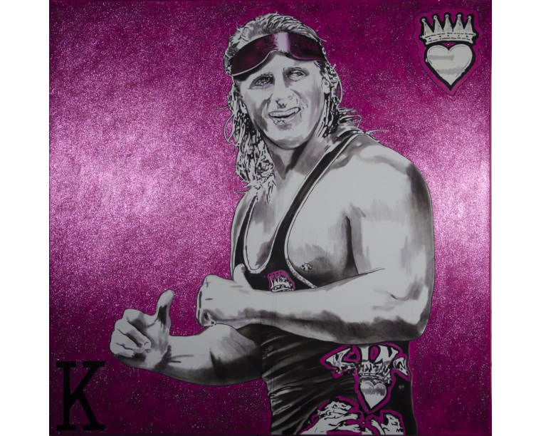 Painting of Owen Hart in sunglasses holding a king card on magenta, by Kim Parrent