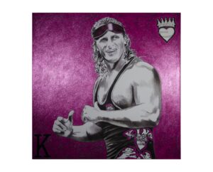 Painting of Owen Hart in sunglasses holding a king card on magenta, by Kim Parrent