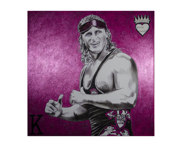 Painting of Owen Hart in sunglasses holding a king card on magenta, by Kim Parrent