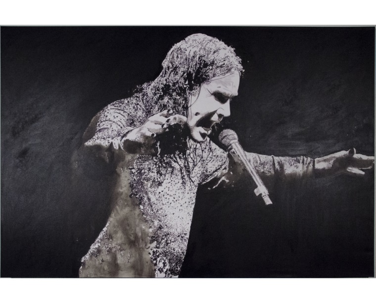 Painting of Ozzy Osbourne singing with an outstretched arm, in silver on black, by Kim Parrent