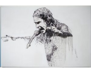 Ink-drip painting of Ozzy Osbourne singing with an outstretched arm on white, by Kim Parrent