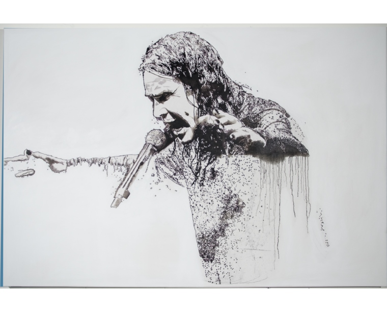 Ink-drip painting of Ozzy Osbourne singing with an outstretched arm on white, by Kim Parrent