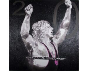 Painting of Owen Hart with his arms raised and the number 20, by Kim Parrent