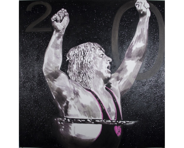 Painting of Owen Hart with his arms raised and the number 20, by Kim Parrent