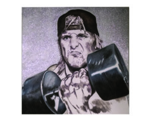 Silver painting of Owen Hart holding dumbbells in a backwards cap, by Kim Parrent