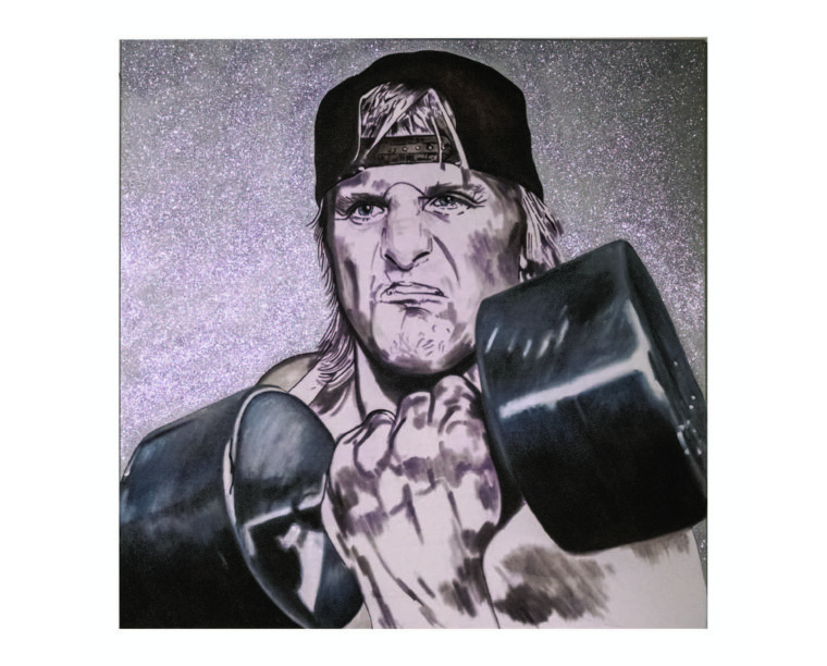 Silver painting of Owen Hart holding dumbbells in a backwards cap, by Kim Parrent