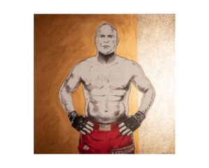 Painting of Randy Couture in red fight shorts on a gold background, by Kim Parrent