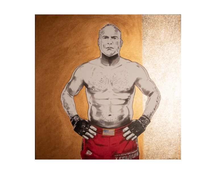Painting of Randy Couture in red fight shorts on a gold background, by Kim Parrent