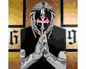 Painting of Rey Mysterio in a cross mask with hands in prayer between gold numbers 6 and 19, by Kim Parrent