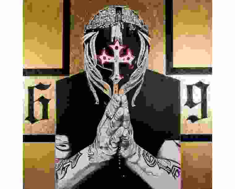 Painting of Rey Mysterio in a cross mask with hands in prayer between gold numbers 6 and 19, by Kim Parrent